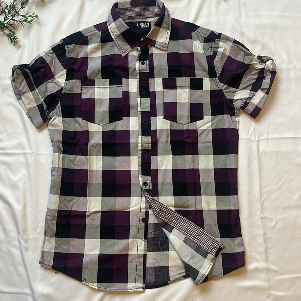 Urban Heritage Mens Black Burgundy Plaid Short Sleeve Button Down Shirt Medium